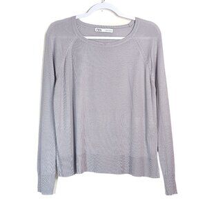 Zara Pullover Sweater Women’s Medium Gray Lightweight Ribbed Trim Sweater